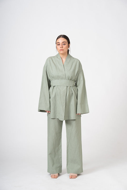 PISTACHIO LINEN KIMONO SUIT